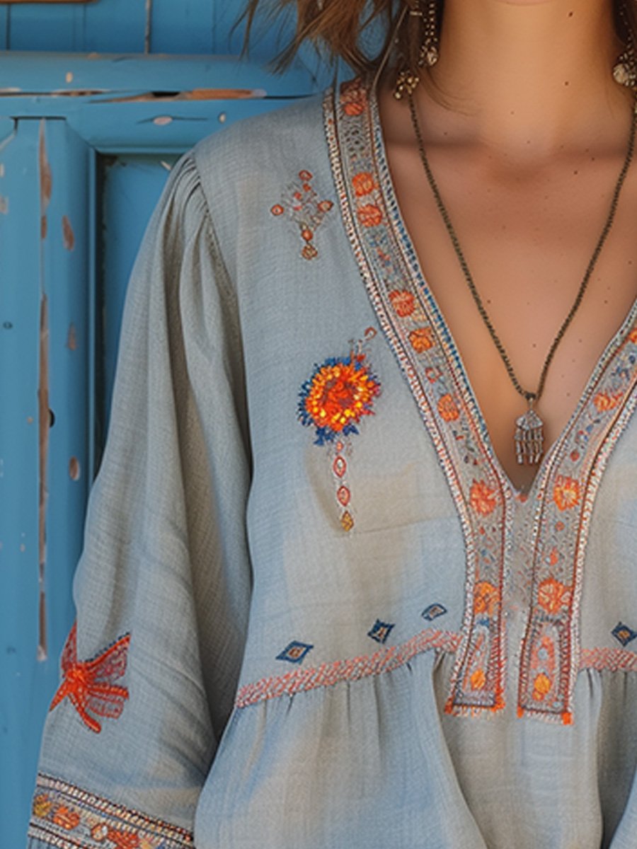 Casual loose fit embroidered women's blouse, light blue, perfect for summer bohemian style