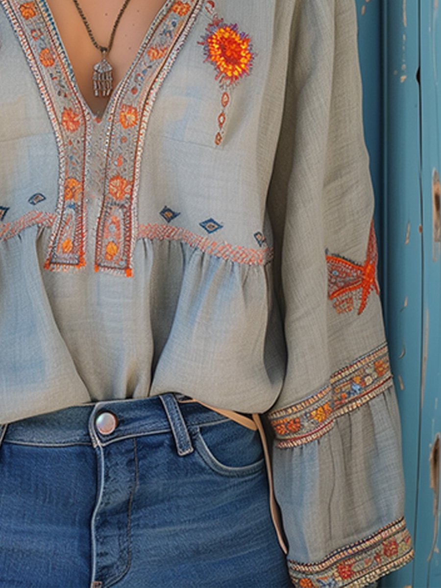Embroidered bohemian loose-fit blouse for women in light blue, a versatile summer casual top