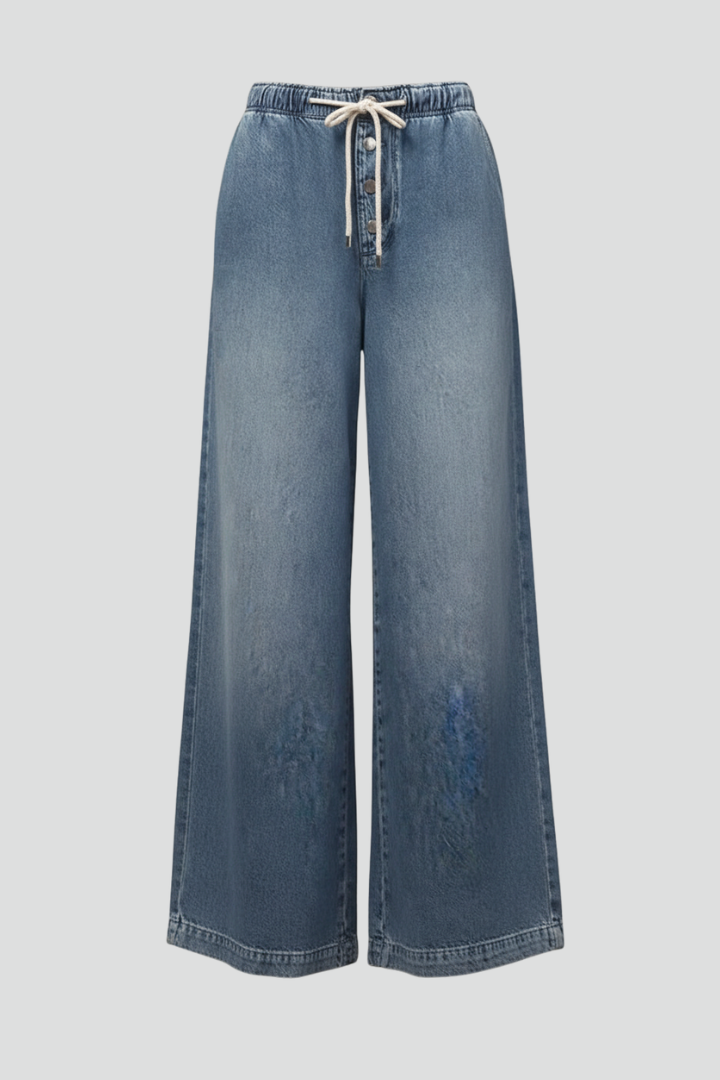 Women's light blue relaxed wide-leg denim jeans with drawstring, high-waist for casual comfort.