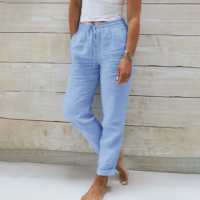 Women's lightweight drawstring summer pants in a relaxed fit, perfect for casual warm weather comfort.