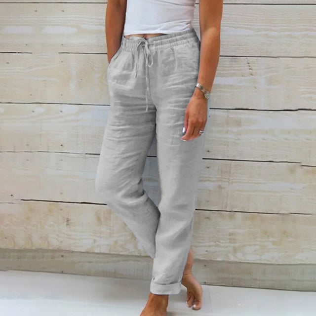 Versatile women's straight leg drawstring pants, lightweight & relaxed for comfortable summer casual wear.