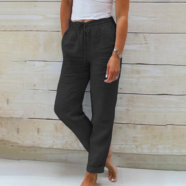 Comfortable women's lightweight summer drawstring pants with a relaxed fit, ideal for warm weather fashion.