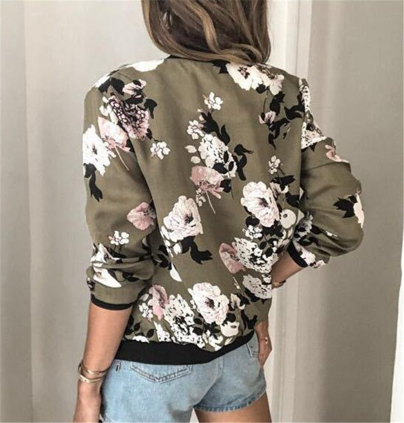Stylish women's floral printed bomber jacket, a comfortable lightweight zip-front casual layer for spring.
