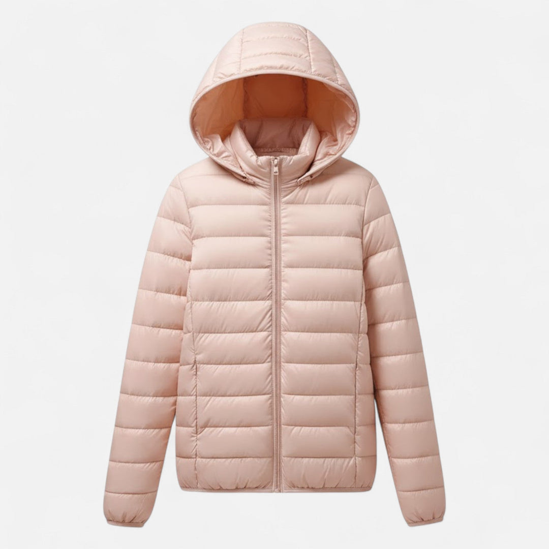 Women's lightweight insulated winter coat with hood, perfect for cold weather & everyday style.