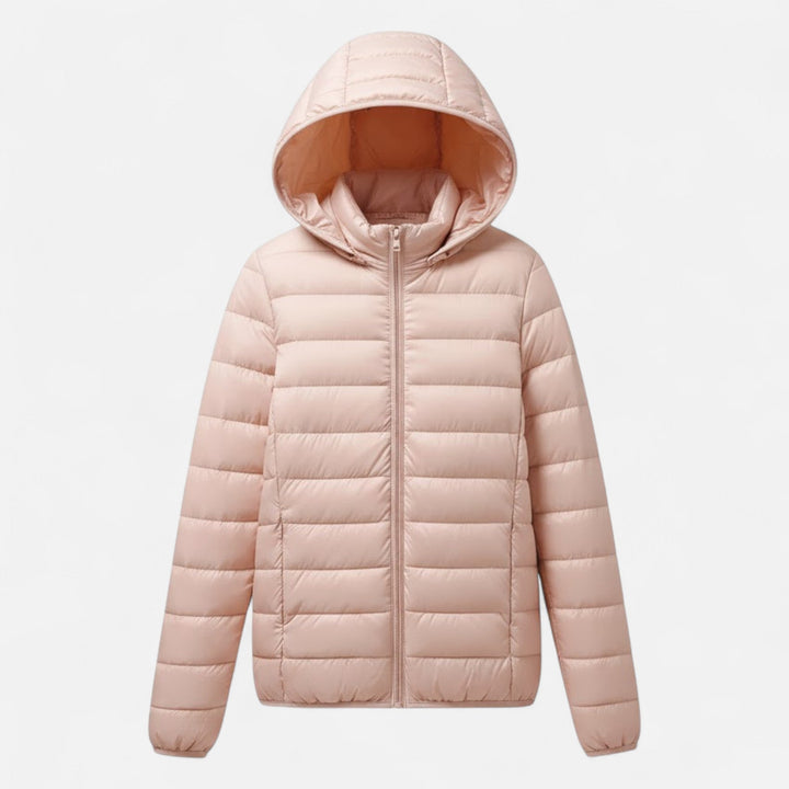 Women's lightweight insulated winter coat with hood, perfect for cold weather & everyday style.