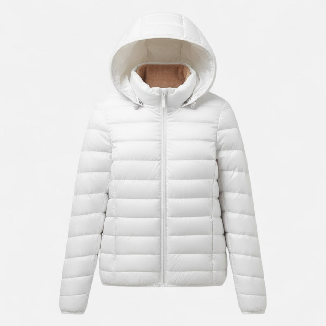Elegant women's lightweight winter jacket, insulated, hooded, and slim-fit for everyday wear.