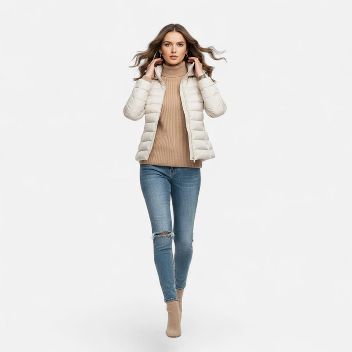 Stylish women's lightweight hooded coat, insulated for warmth, perfect for winter fashion.