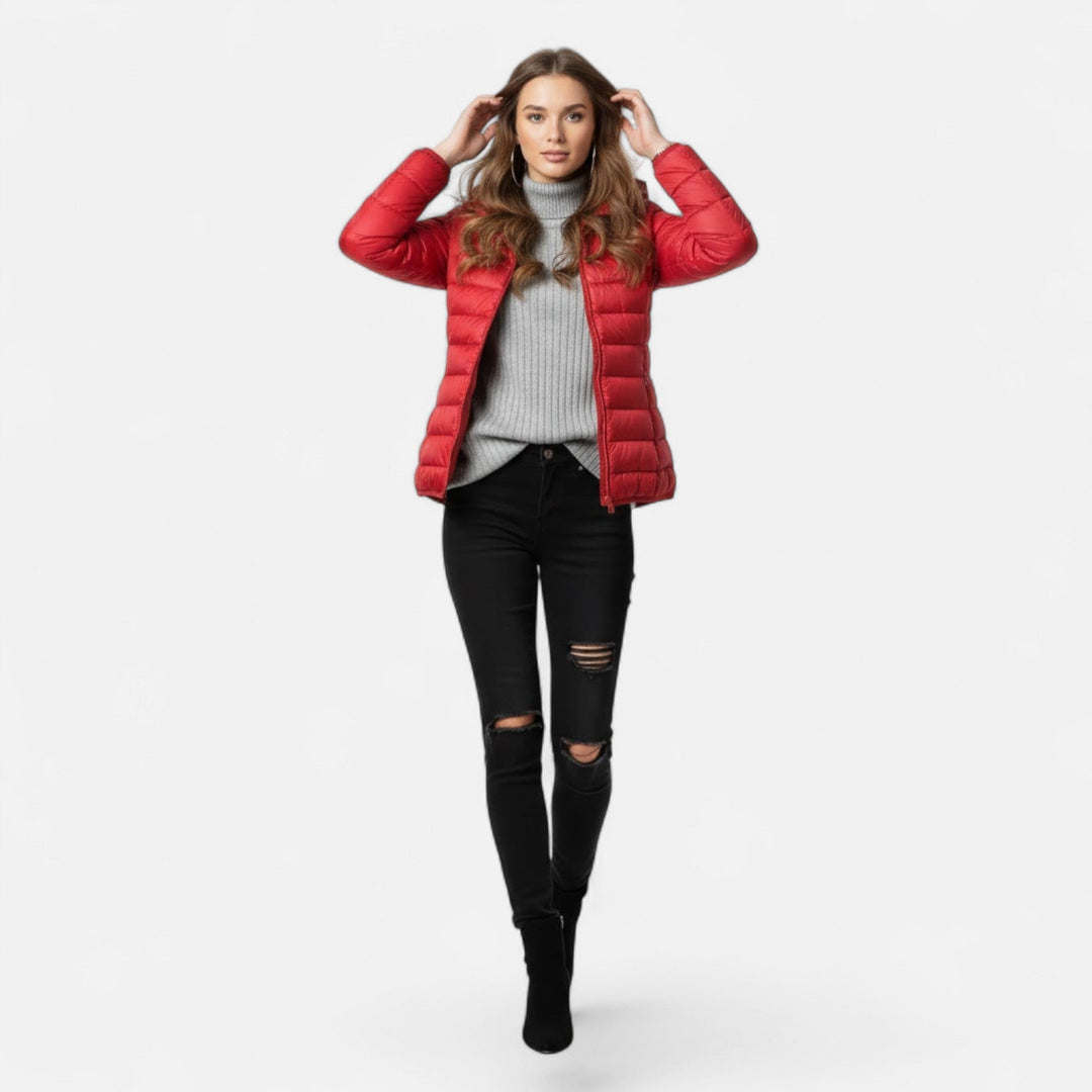 Warm women's outerwear, lightweight insulated winter coat, perfect for cold weather comfort.