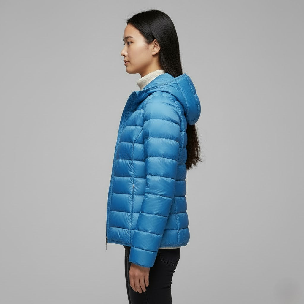 Women's winter coat: sleek black puffer jacket with a practical hood