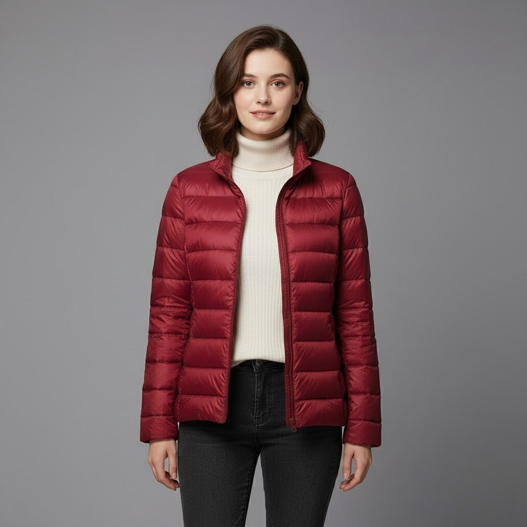 Casual women's puffer jacket with stand collar, suitable for various activities