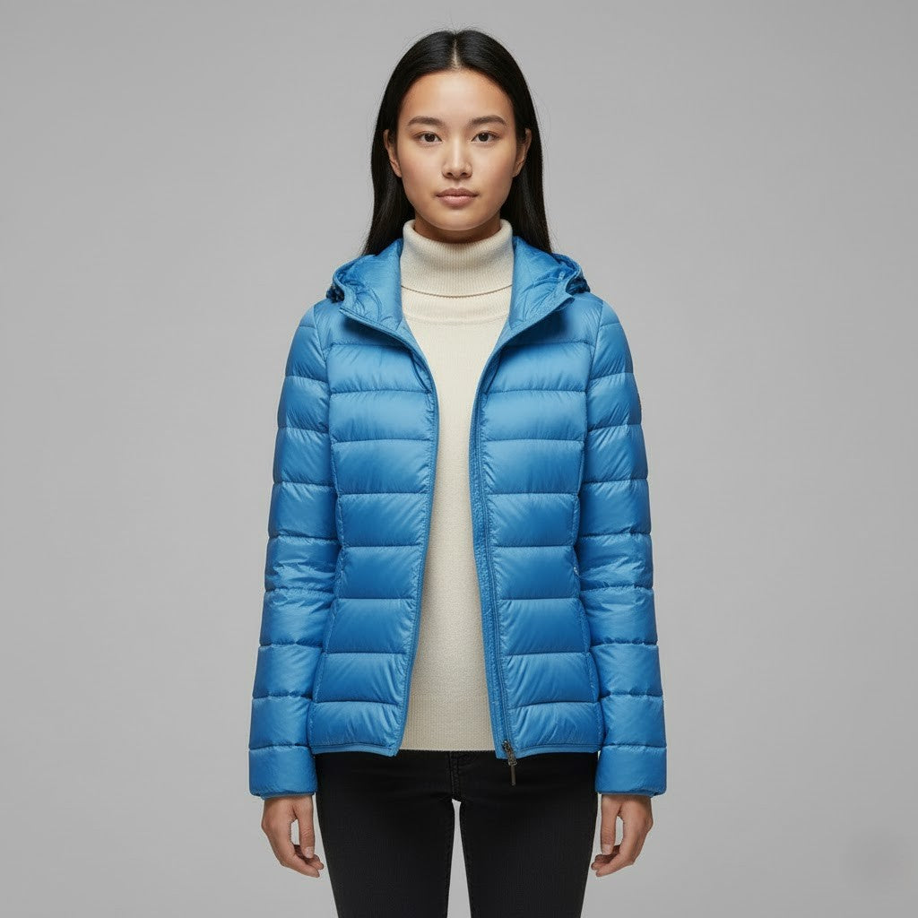 Hooded puffer jacket for women in vibrant color, brightening up winter outerwear