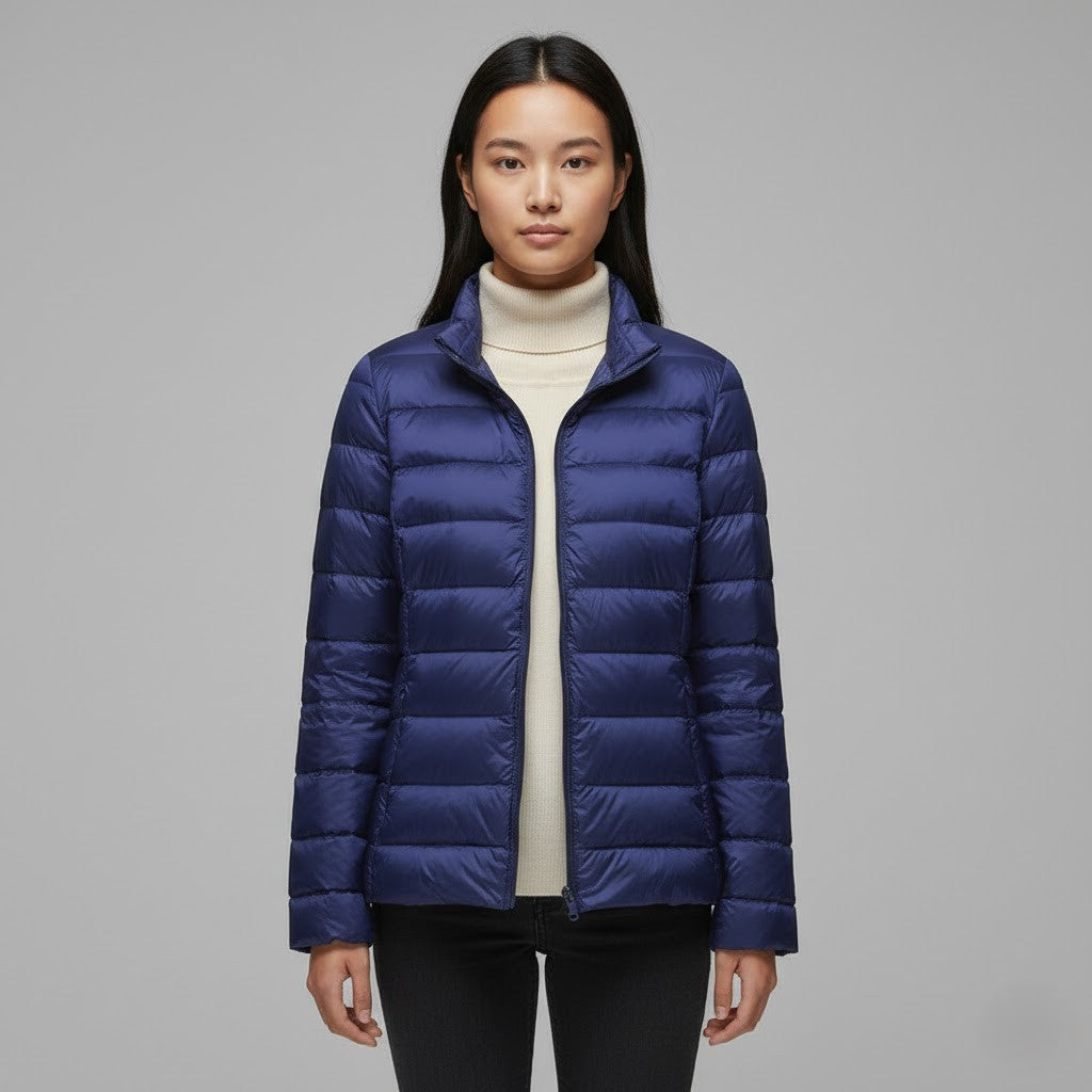 Insulated women's jacket with stand collar, offering a refined winter look