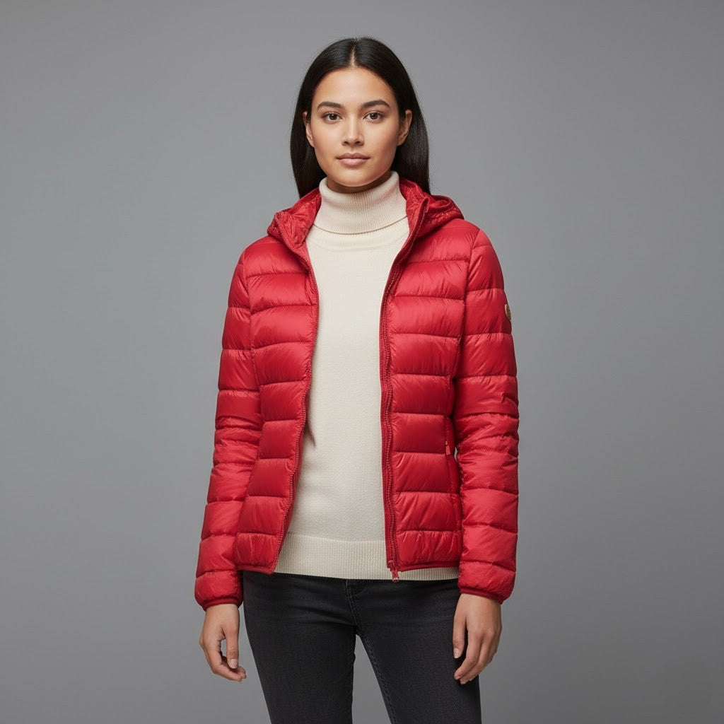 Women's hooded puffer jacket, providing excellent protection against wind and cold