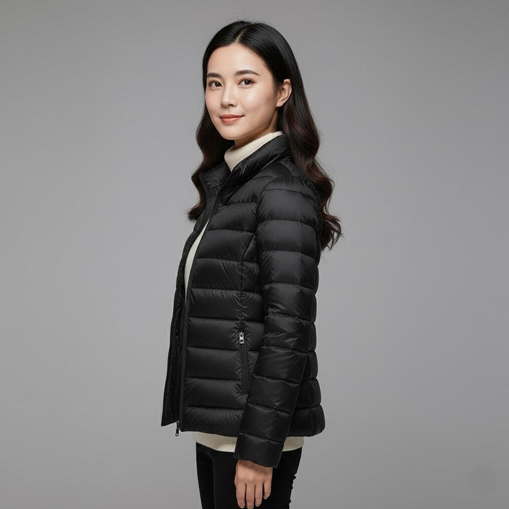 Women's winter coat: a classic black puffer jacket with a contemporary fit