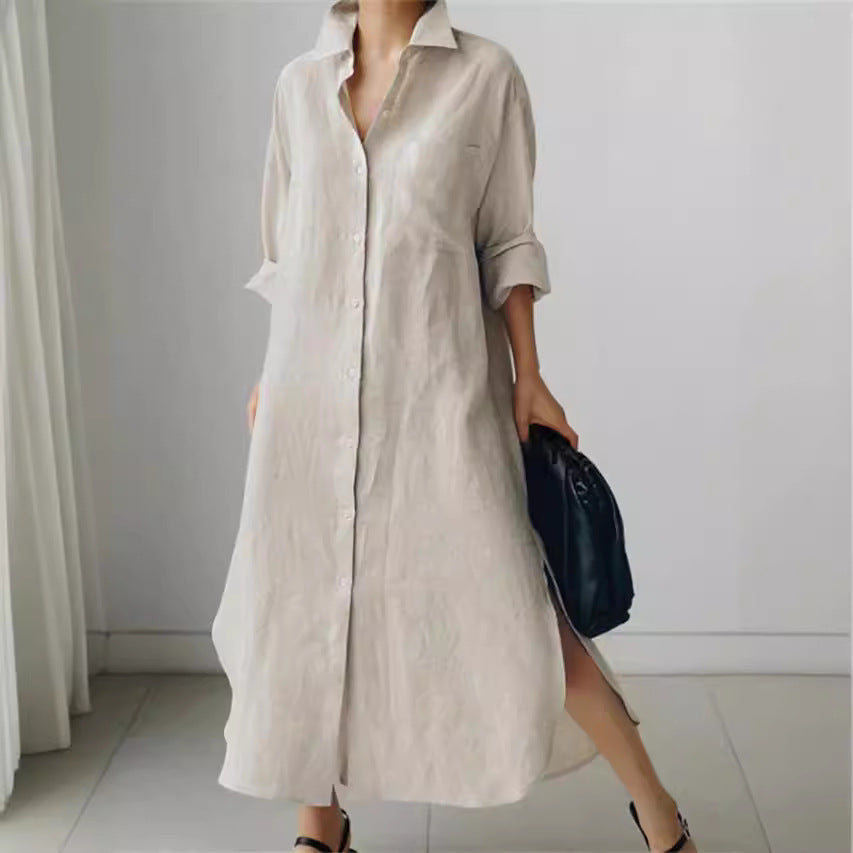 Women's lightweight shirt midi dress with elegant side slits, button-down front, perfect for casual or office wear.
