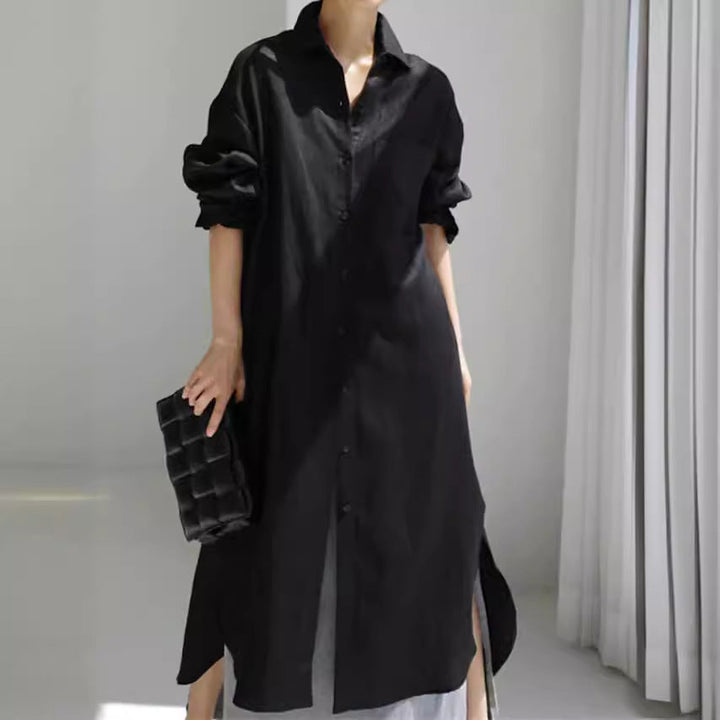Versatile women's midi shirt dress with elegant side slits, lightweight fabric, button-down, suitable for spring/summer.