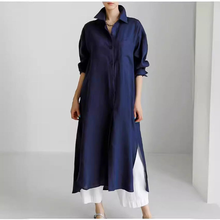Elegant women's lightweight shirt dress, midi length with side slits, featuring a stylish button-down front.