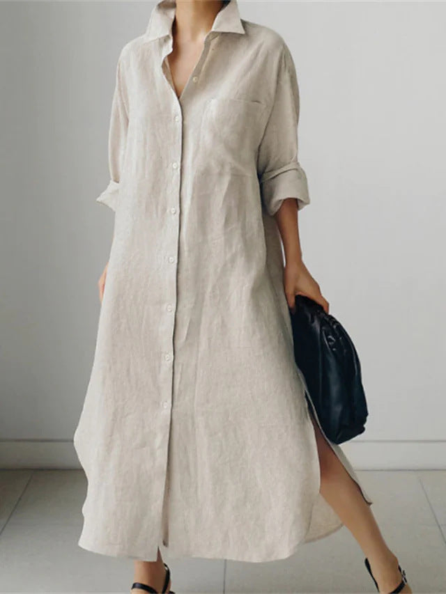 Casual & office-ready women's lightweight shirt dress. Midi length, elegant side slits, button-down style.
