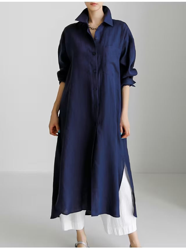 Stylish & comfortable women's lightweight midi shirt dress, with chic side slits & classic button-down front.