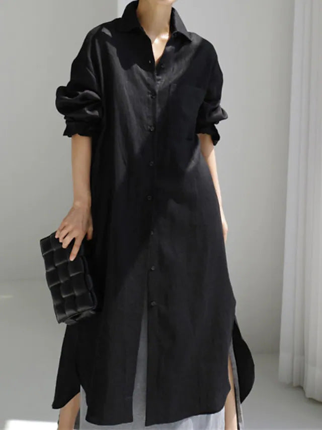 Spring/Summer women's lightweight shirt dress. Elegant midi length, side slits, button-down, versatile for daily wear.