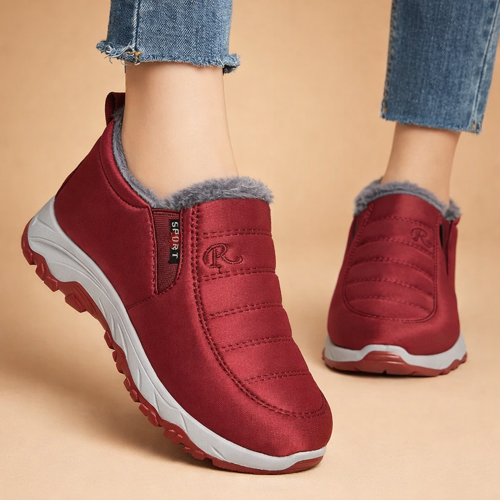Ladies' lightweight slip-on winter boots in black & red, offering comfortable and warm everyday casual footwear.
