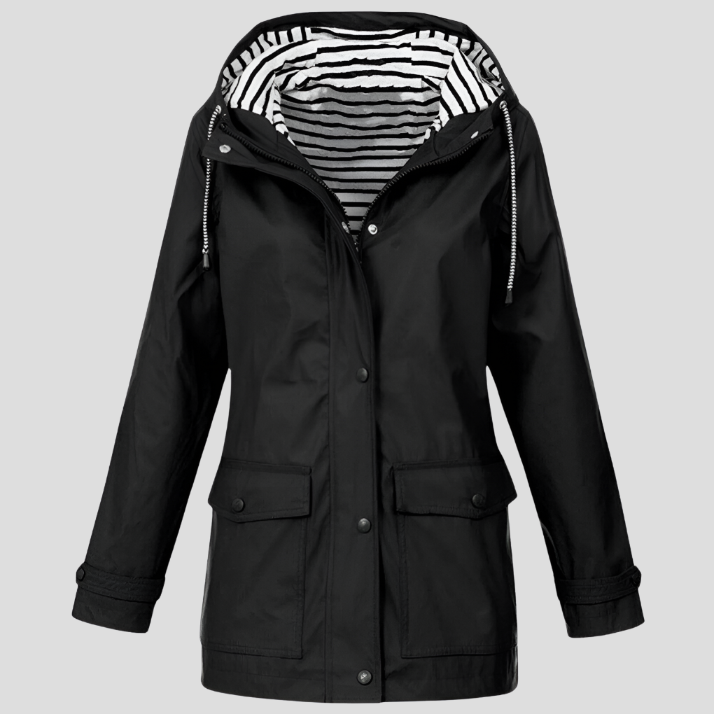 Close-up of the water-resistant fabric on a women's hooded jacket, ideal for rain.