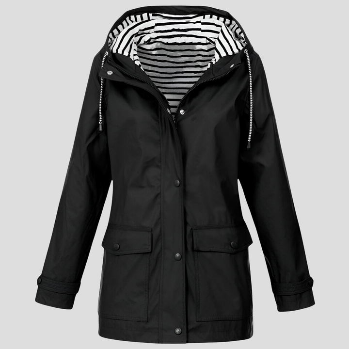 Close-up of the water-resistant fabric on a women's hooded jacket, ideal for rain.