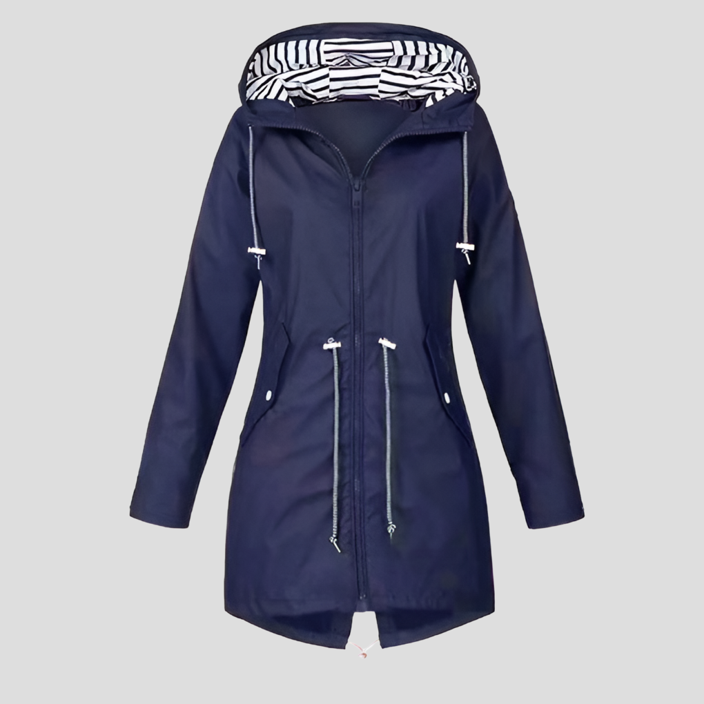 Model wearing a beige women's water-resistant jacket with hood, suitable as spring or fall outerwear.