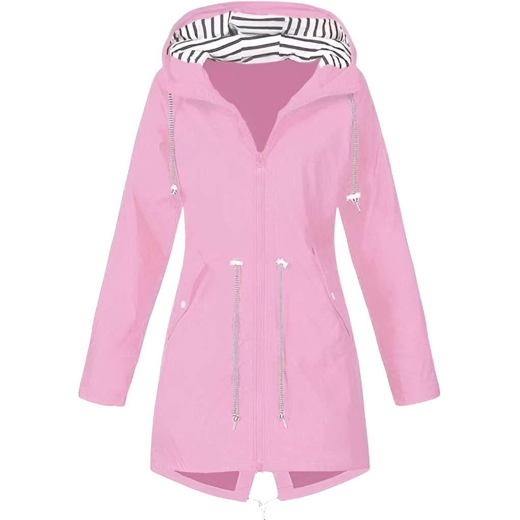 Folded green women's lightweight water-resistant jacket, highlighting its packable design for travel.