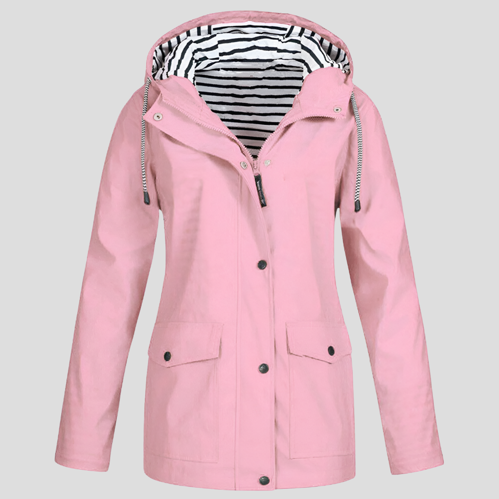 Detail of the zipper and adjustable hood on a durable women's outdoor wear jacket.