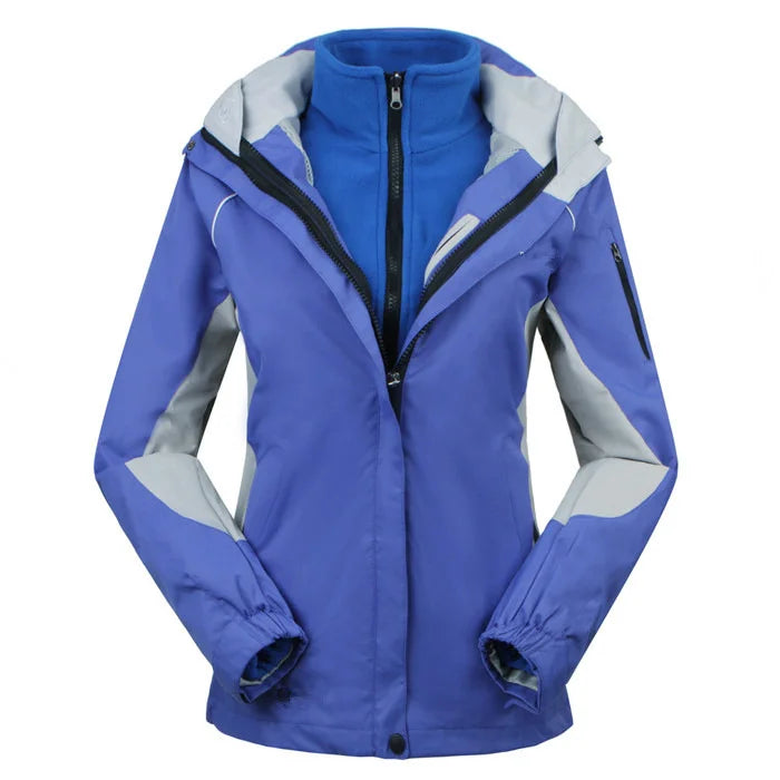 Front view of a women's lightweight waterproof windbreaker jacket, featuring a full zipper and hood.