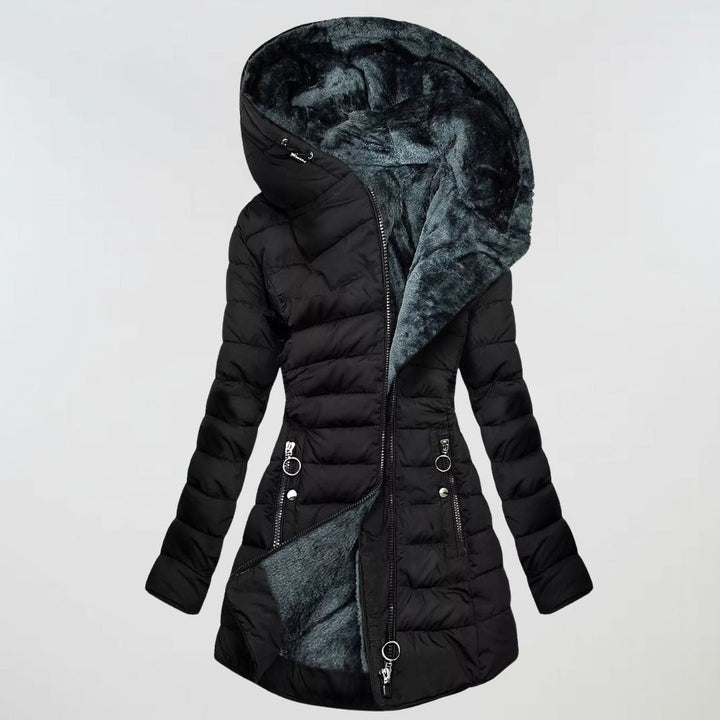 Women's lightweight waterproof winter outdoor coat with hood, black, for cold weather.