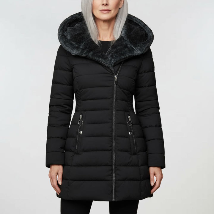 Fashionable women's long hooded waterproof winter coat, red, ideal for outdoor activities.