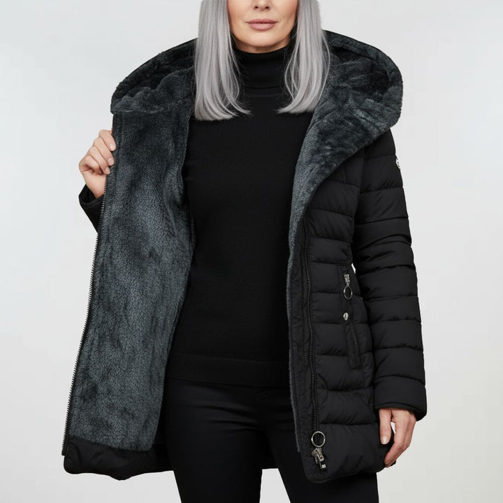 Warm women's outdoor jacket, waterproof with hood, navy blue, perfect for fall fashion.
