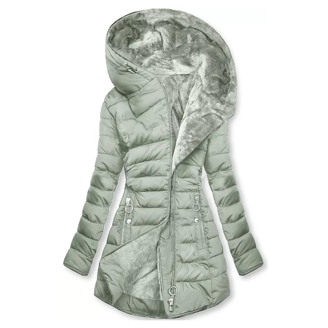 Stylish women's hooded raincoat, waterproof, long length, olive green, for all seasons.