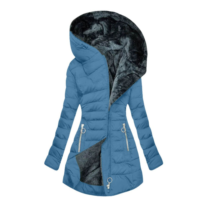 Back view of women's long hooded waterproof winter coat, black, showing its length.