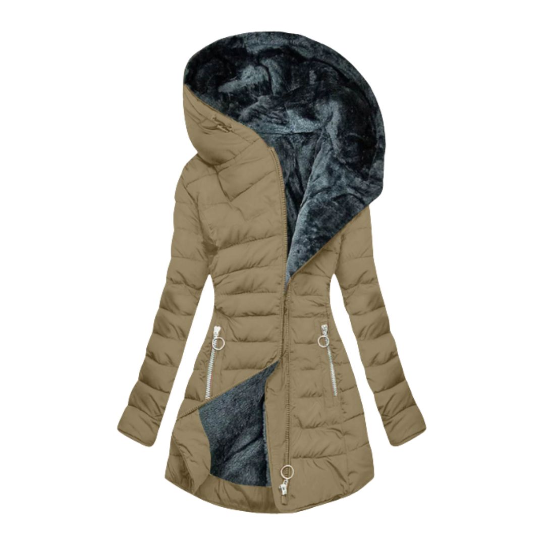 Women's waterproof outdoor jacket with hood, warm and lightweight, on a hanger, tan.