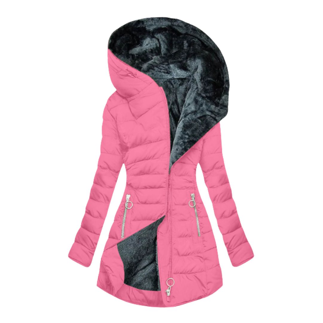 Detail of a zipper and pocket on a women's hooded waterproof winter coat, quality construction.