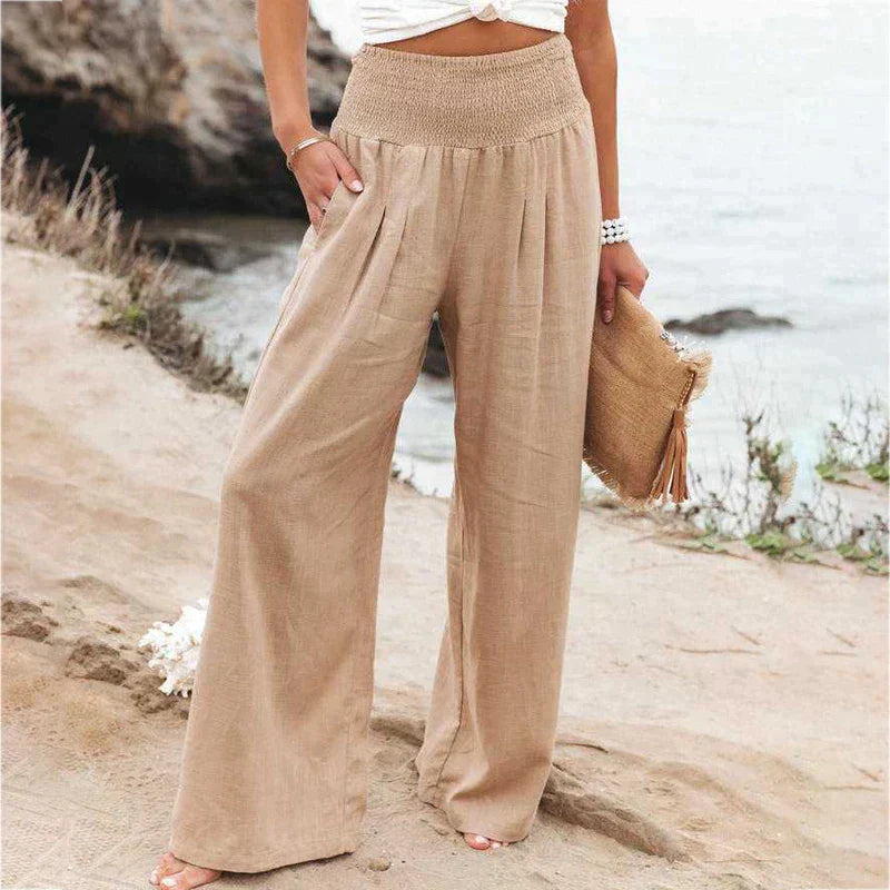 Chic women's wide leg linen pants, offering a relaxed fit and elegant summer fashion.