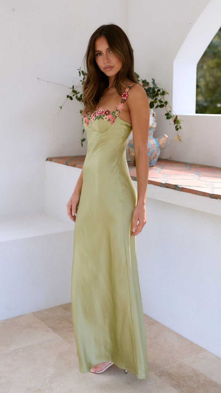 Elegant lime floral maxi dress for women with delicate straps, a stylish summer and vacation dress