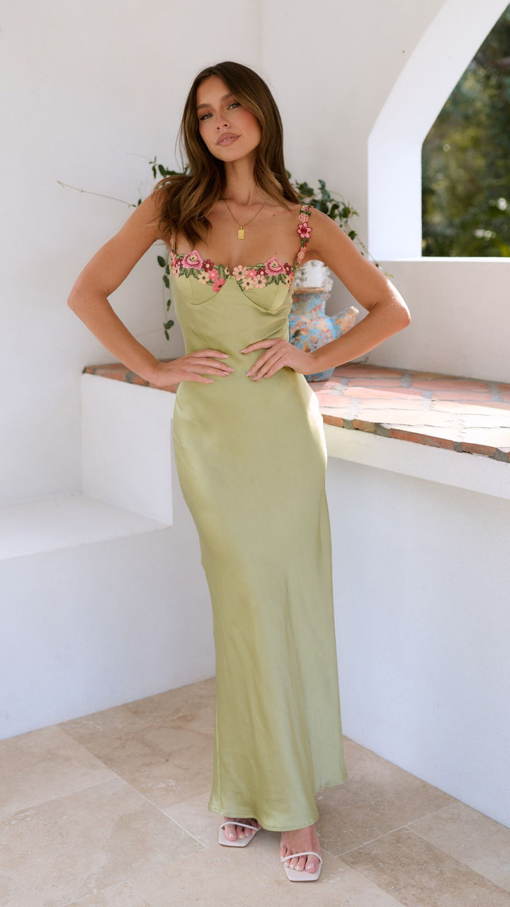 Vacation-ready women's lime floral maxi dress, featuring a slim strap design and casual style