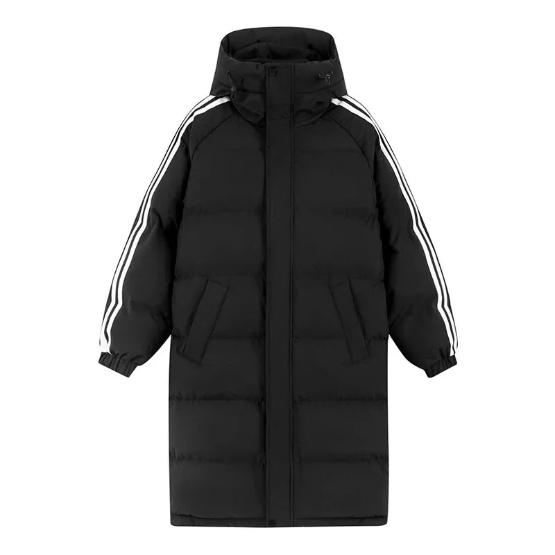 Women's long black puffer style ski jacket, a warm winter coat for cold weather and casual fashion