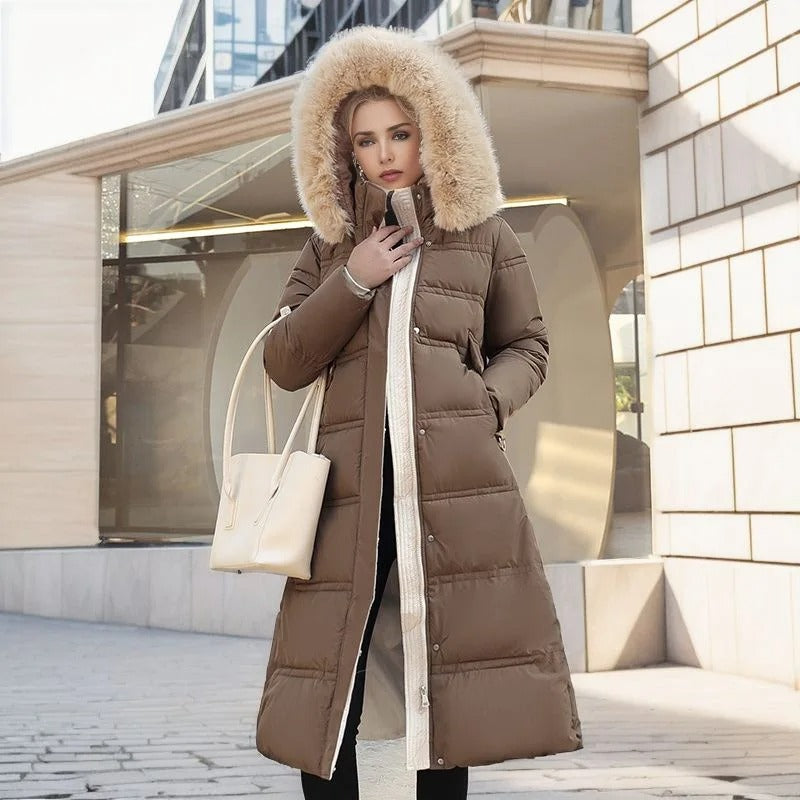 Women's long black puffer winter coat with a high collar, ideal for cold weather fashion and warmth.