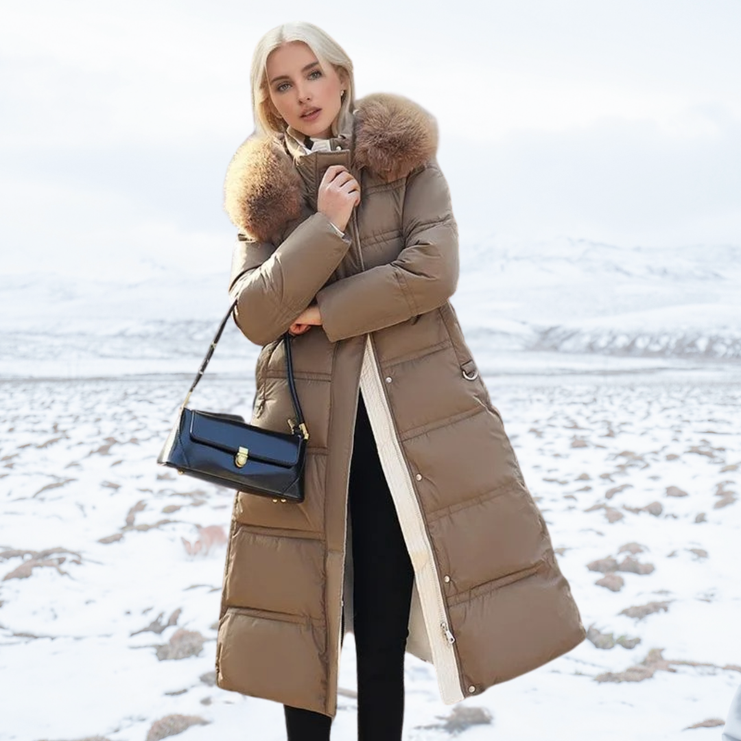 Durable women's long puffer jacket in black, with a high collar for maximum winter comfort.