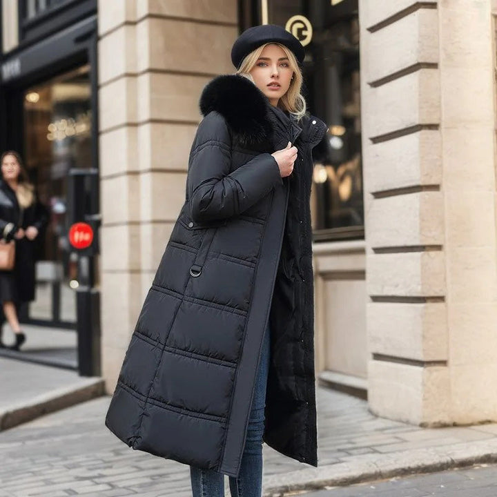 Women's warm long puffer coat with a high collar, designed for both style and cold weather functionality.