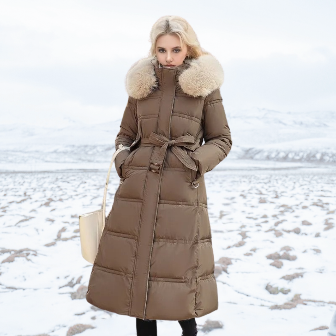 Elegant women's long winter coat with a high collar, a fashionable and cozy puffer jacket option.
