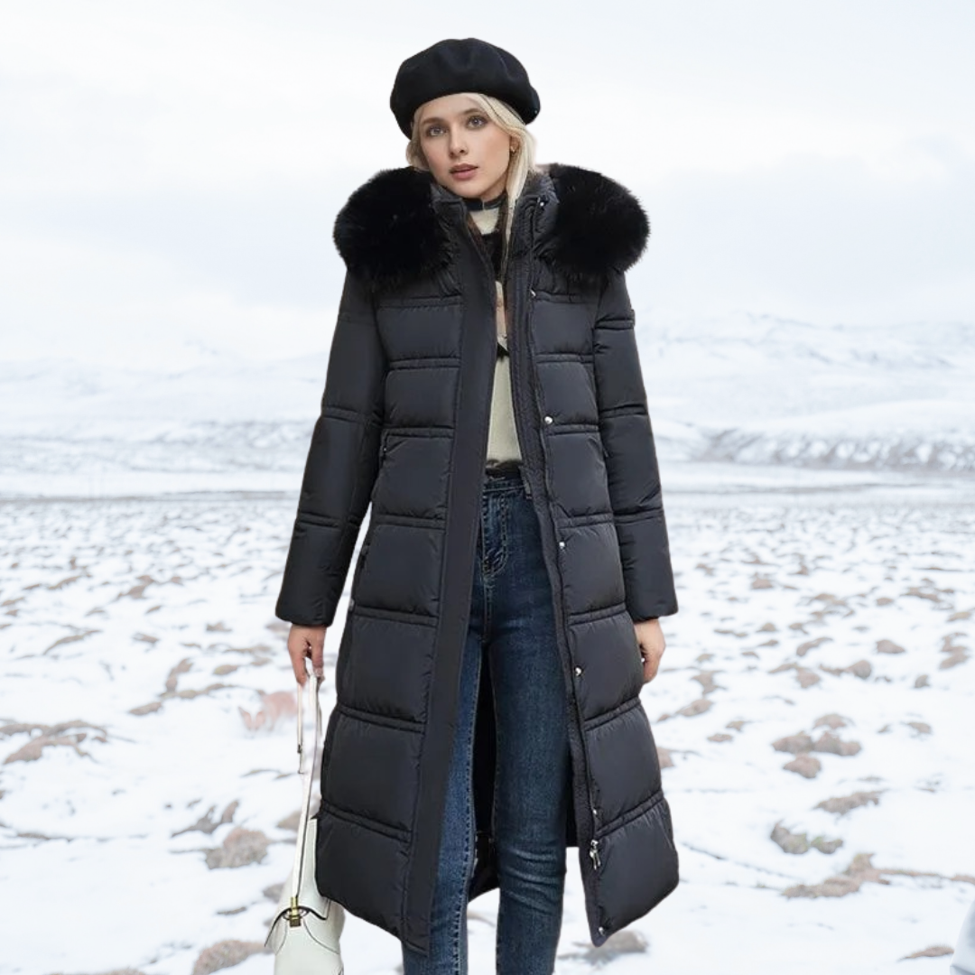 Black women's long high-collar puffer coat, essential winter apparel for stylish warmth.