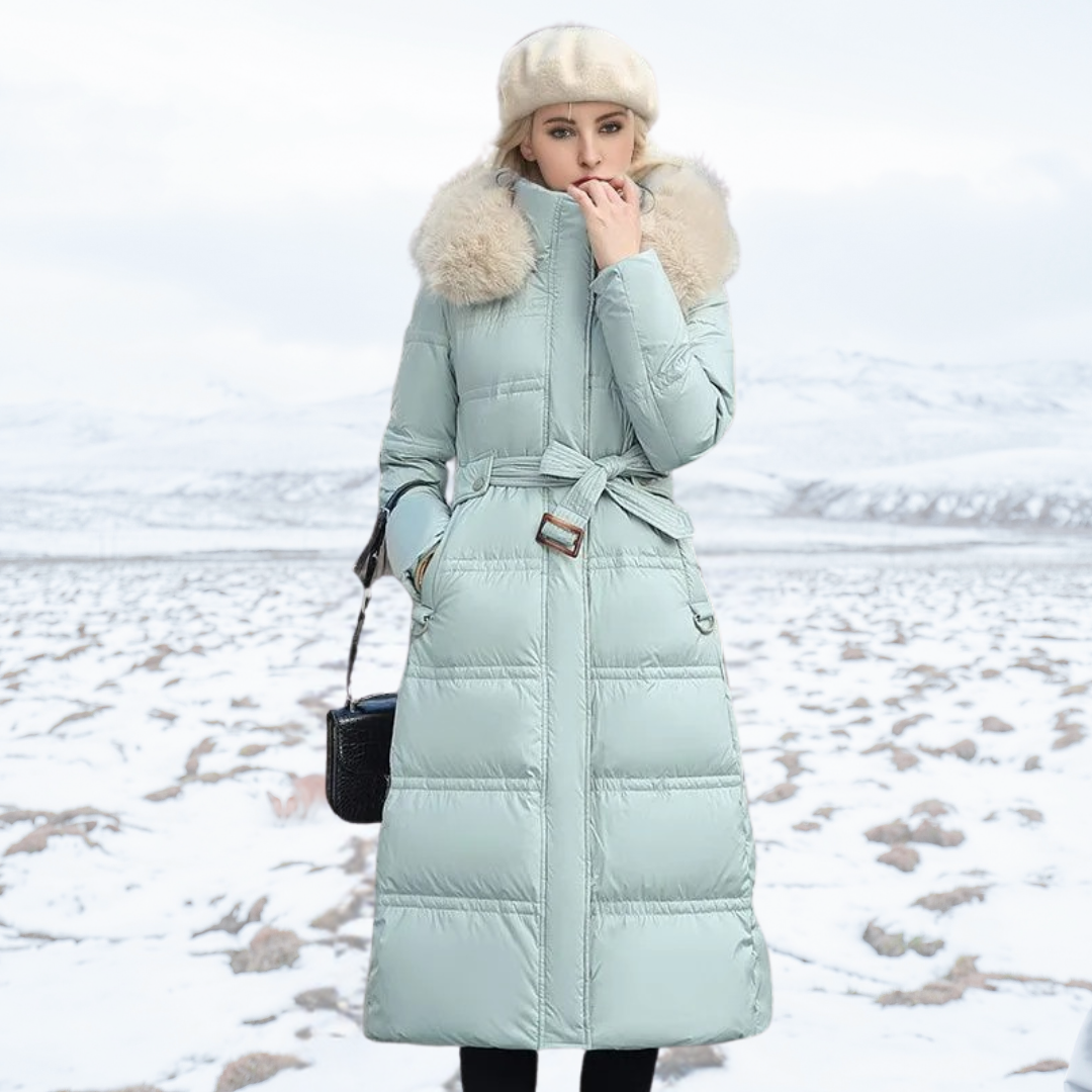 Women's fashion long puffer jacket with a high collar, a chic choice for severe cold weather.
