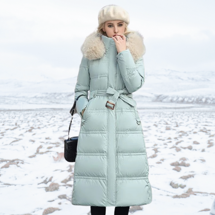 Women's fashion long puffer jacket with a high collar, a chic choice for severe cold weather.