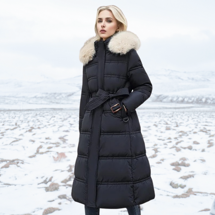 High-collar women's long black puffer coat, a versatile and warm outerwear piece for winter.